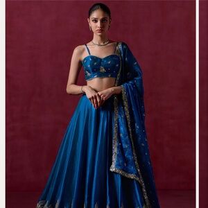Lashkaraa peacock blue embroidered organza lehenga
